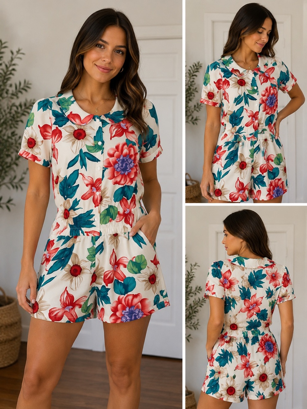 Zara Floral Romper Womens S White Tropical Playsuit Pockets‎ Button Front
